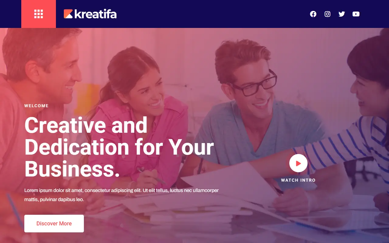 หน้าแรกของธีม Kreatifa บนคอมพิวเตอร์