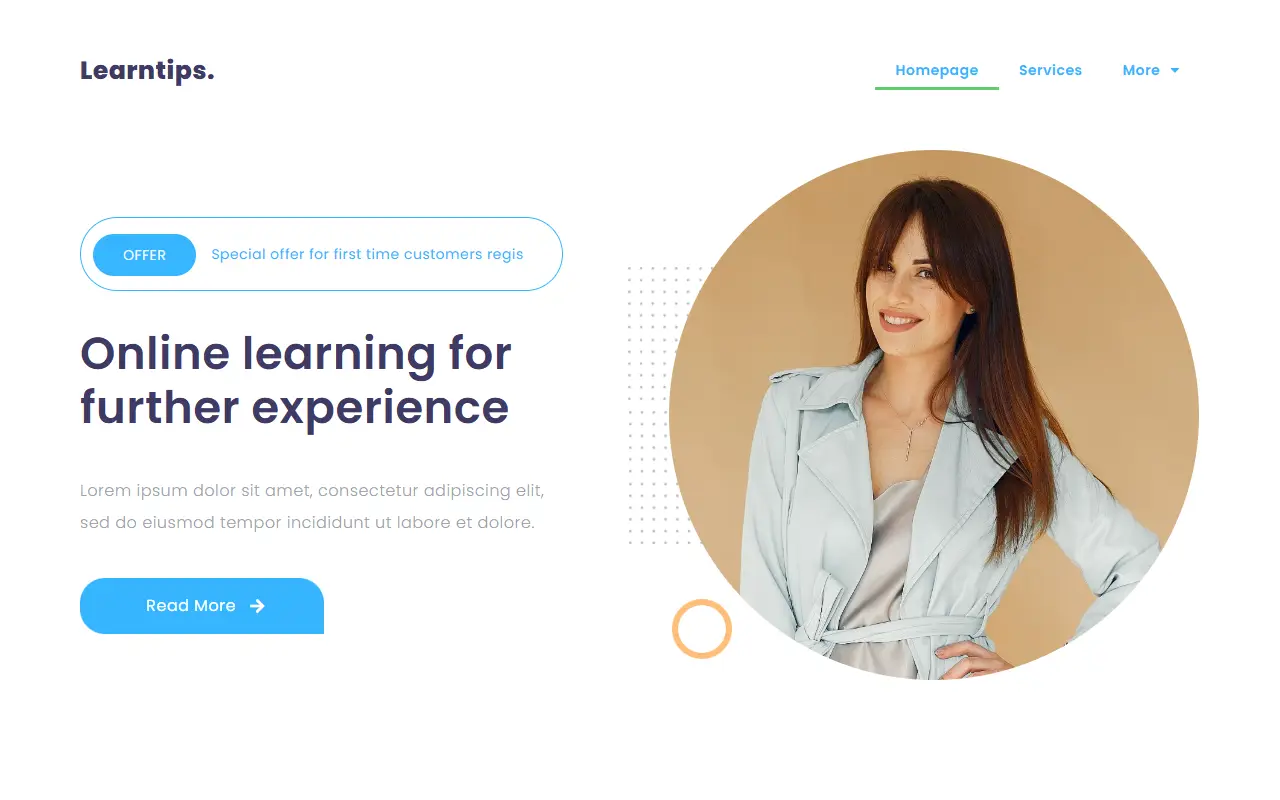 หน้าแรกของธีม Learnera บนคอมพิวเตอร์