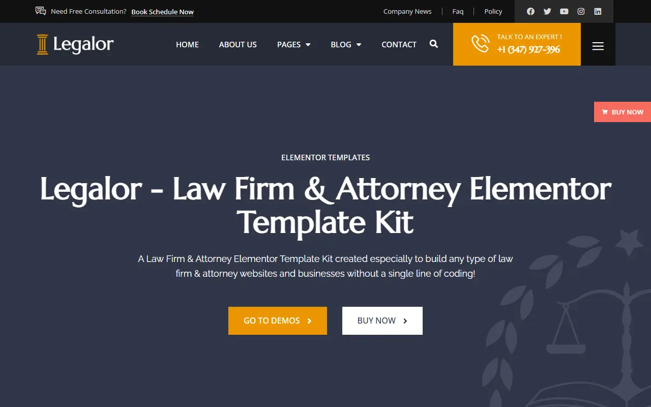 หน้าแรกของธีม Legalor บนคอมพิวเตอร์