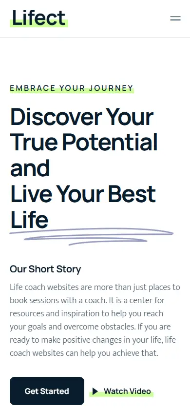 หน้าแรกของธีม Lifect Life Coach บนมือถือ