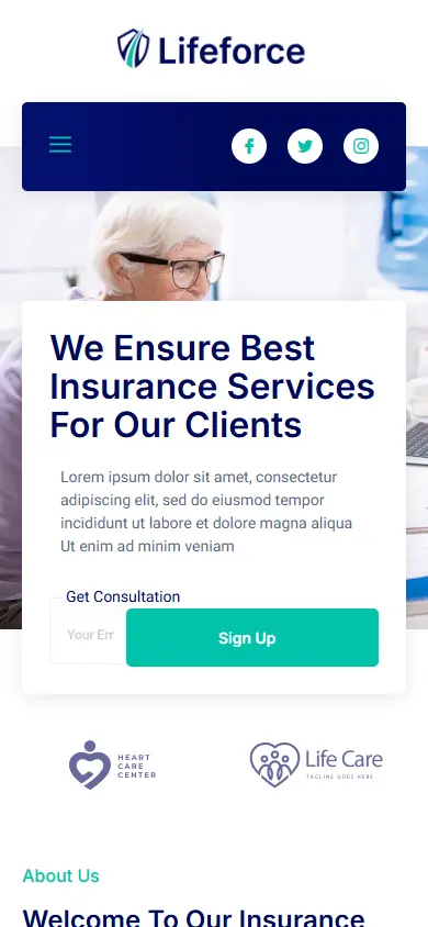 หน้าแรกของธีม Lifeforce Insurance Agency บนมือถือ
