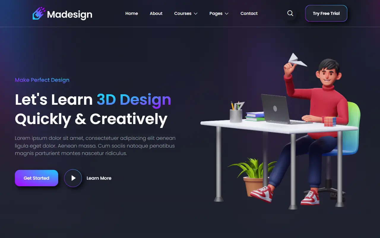 หน้าแรกของธีม Madesign Online Design Courses บนคอมพิวเตอร์