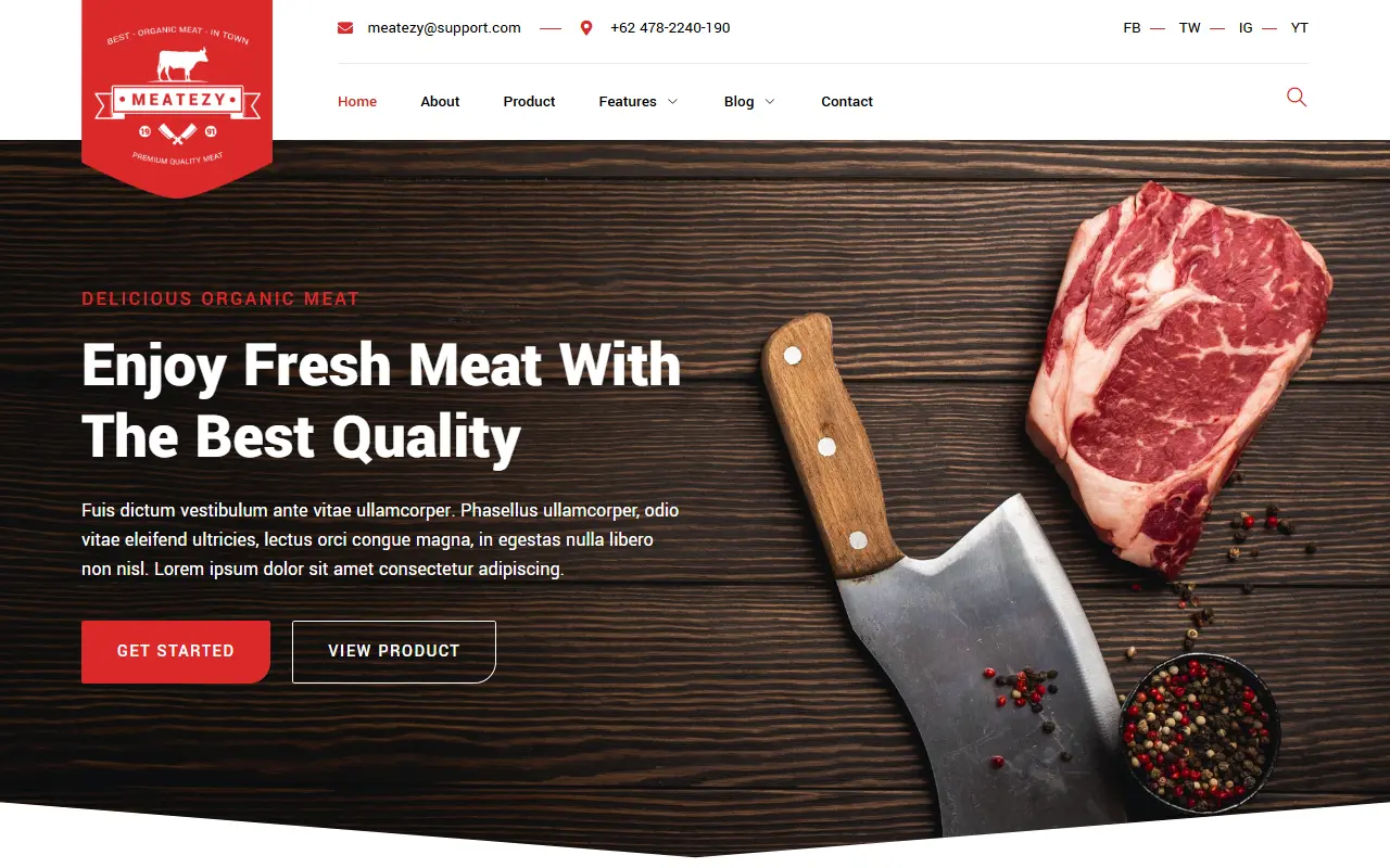 หน้าแรกของธีม Meatezy Meat Shop บนคอมพิวเตอร์