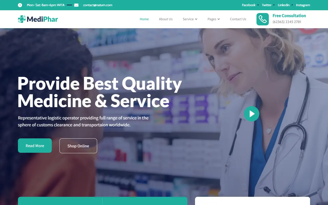 หน้าแรกของธีม Mediphar Pharmacy บนคอมพิวเตอร์