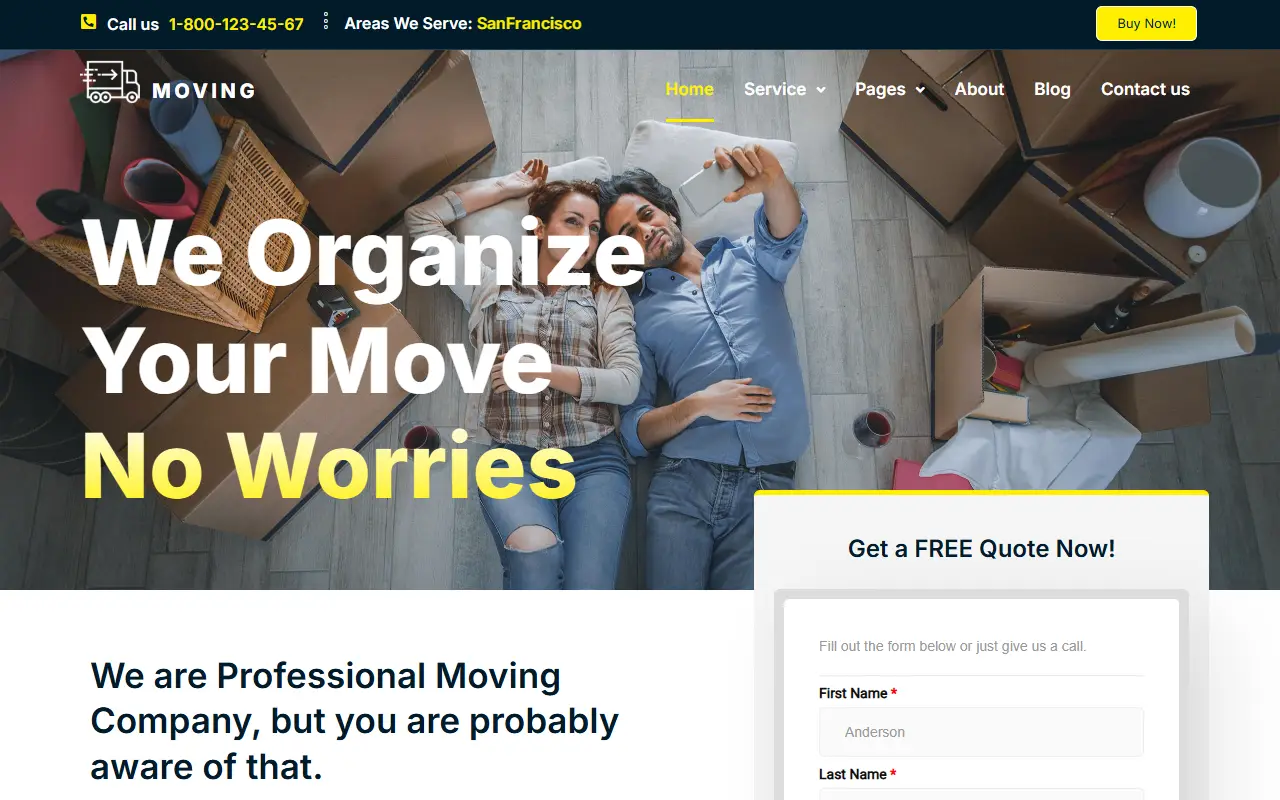 หน้าแรกของธีม Moving Service บนคอมพิวเตอร์
