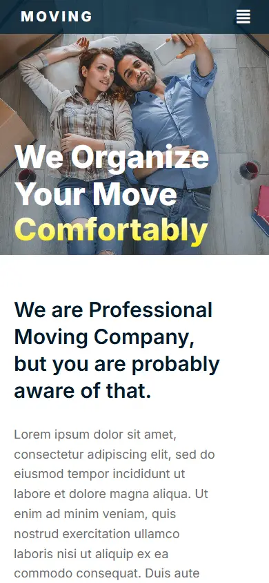 หน้าแรกของธีม Moving Service บนมือถือ