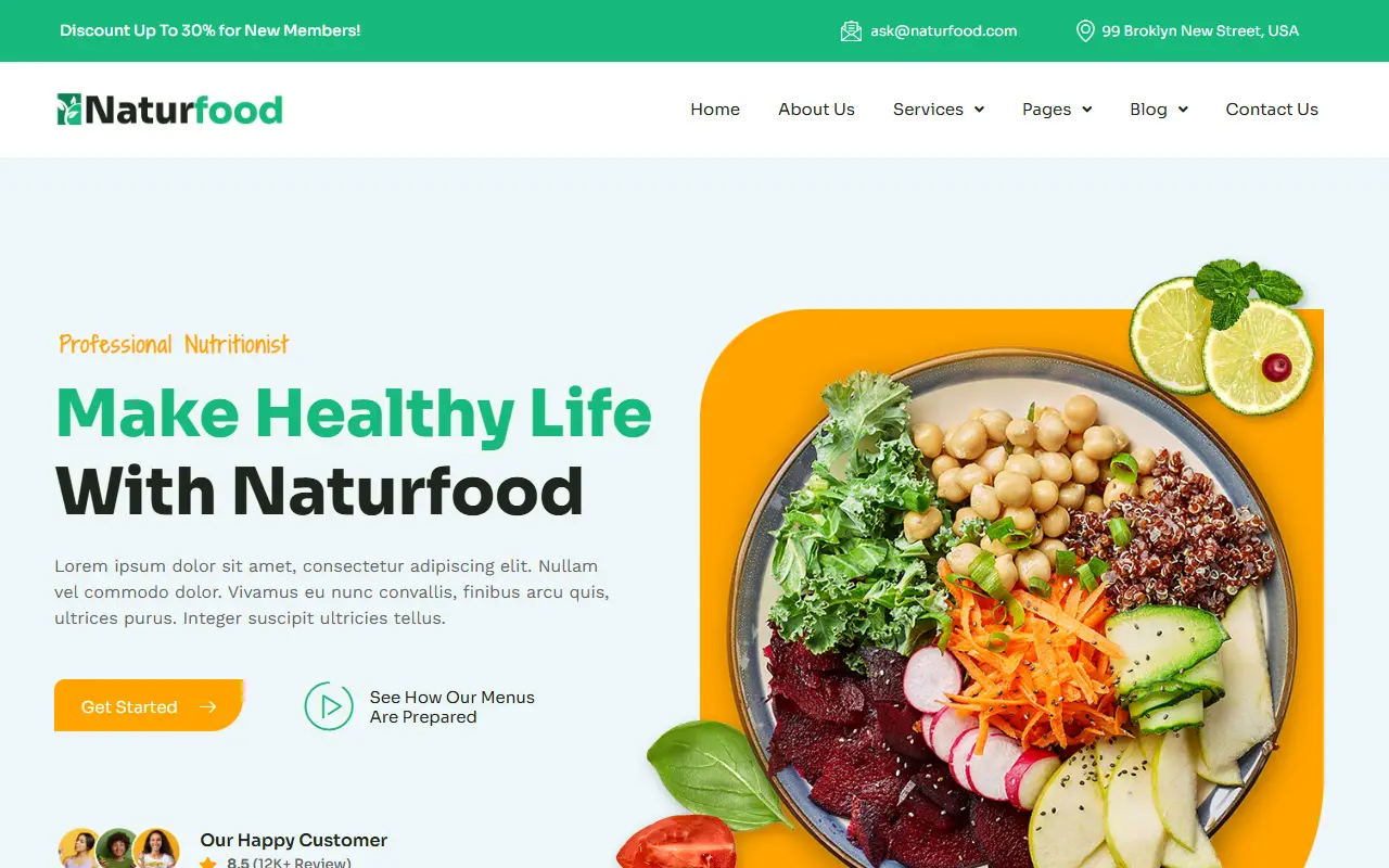 หน้าแรกของธีม Naturfood บนคอมพิวเตอร์