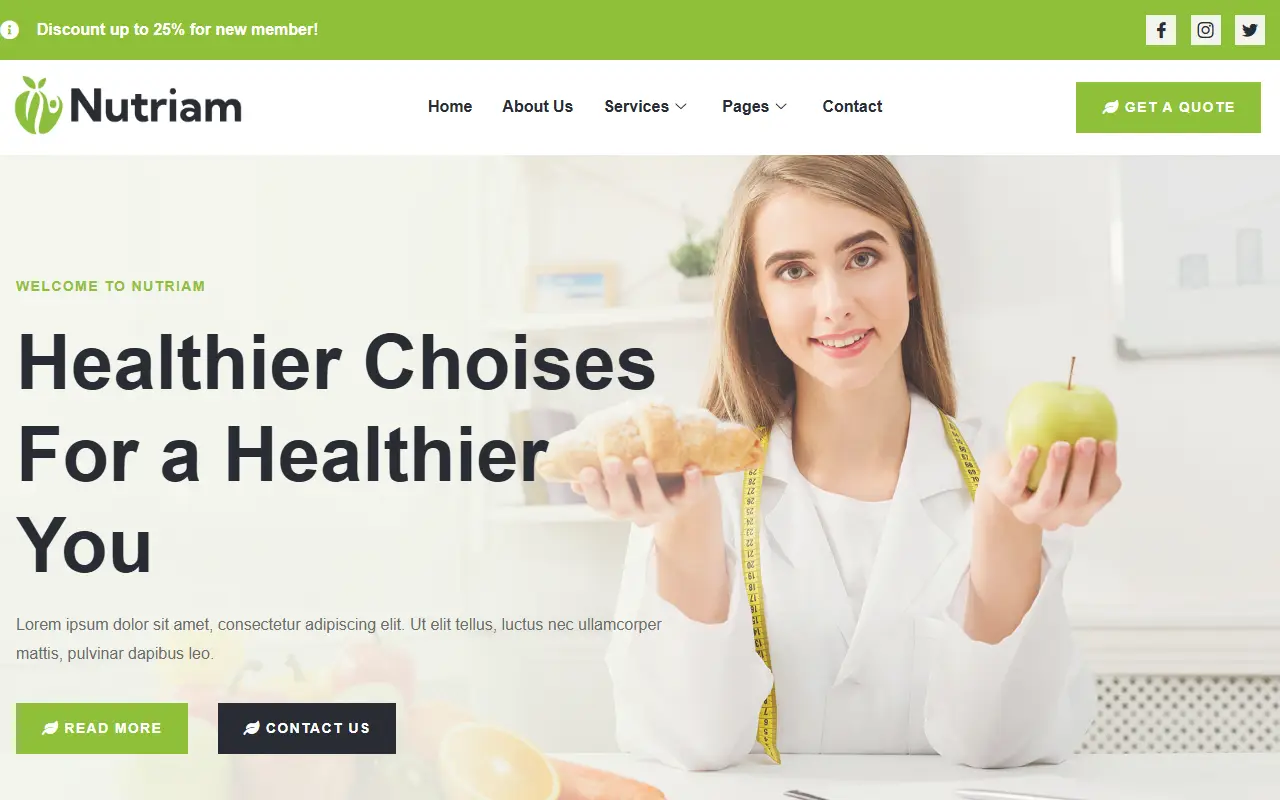 หน้าแรกของธีม Nutriam บนคอมพิวเตอร์