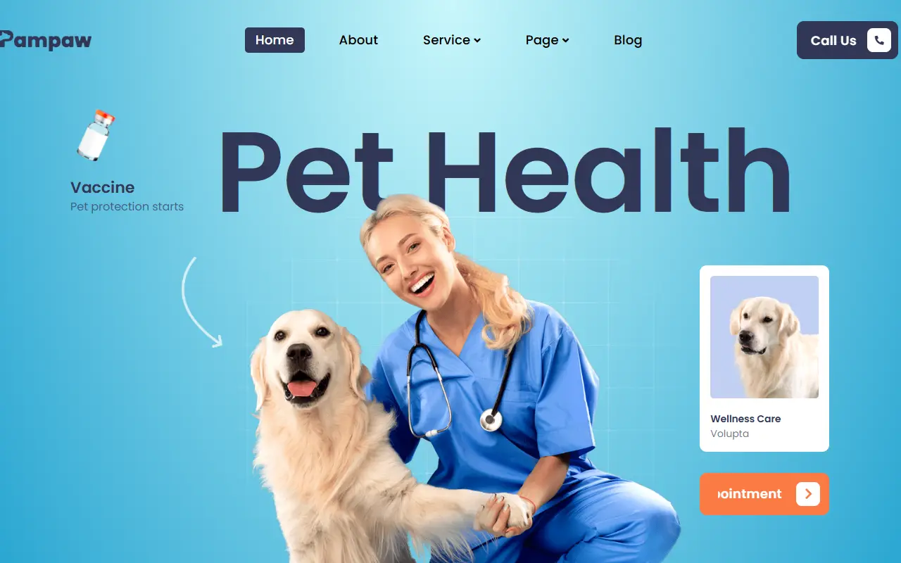 หน้าแรกของธีม Pampaw Veterinary บนคอมพิวเตอร์