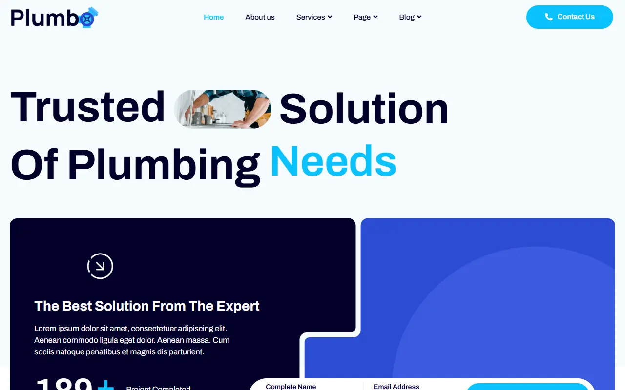 หน้าแรกของธีม Plumbo Plumbing Services บนคอมพิวเตอร์