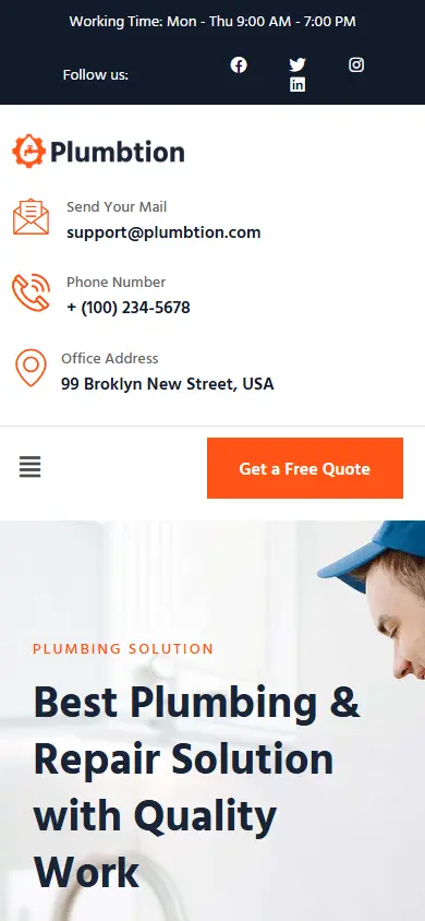หน้าแรกของธีม Plumbtion Plumbing Services บนมือถือ