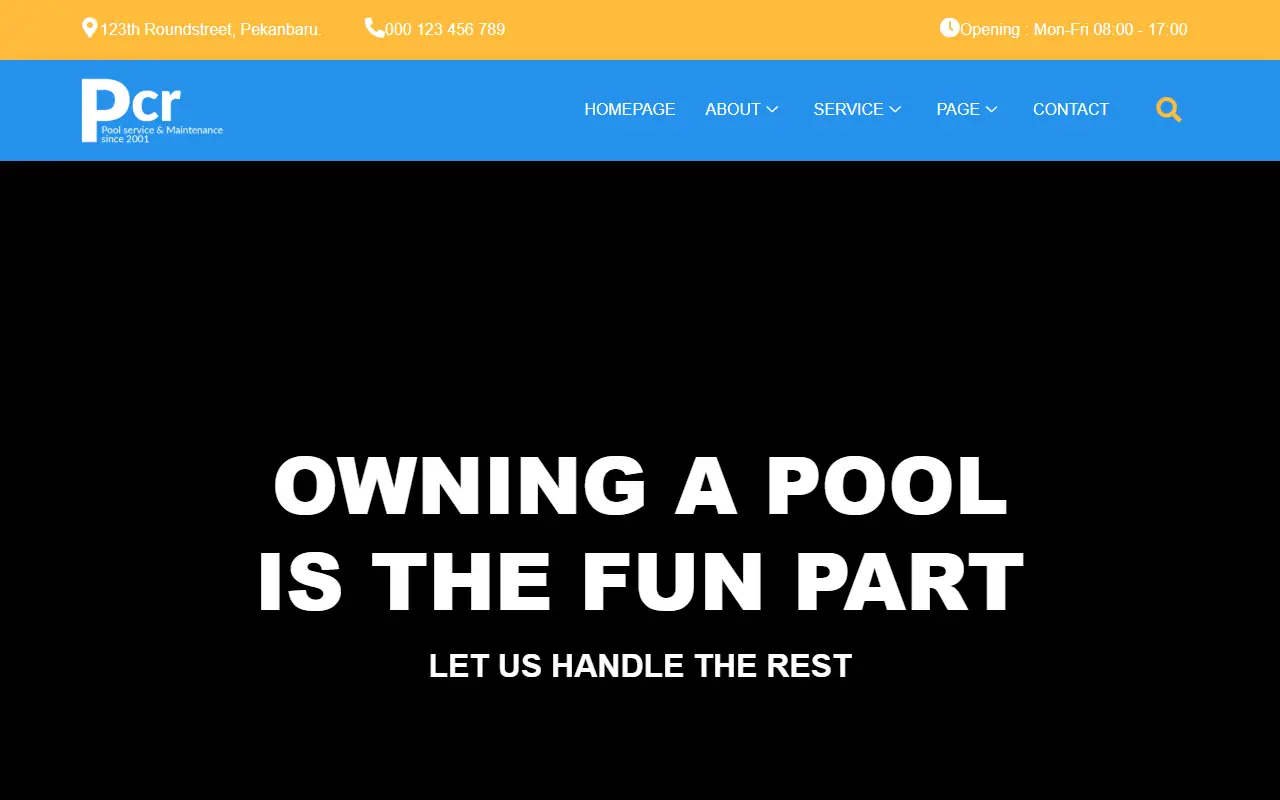 หน้าแรกของธีม Poolcare บนคอมพิวเตอร์