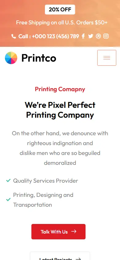 หน้าแรกของธีม Printco บนมือถือ