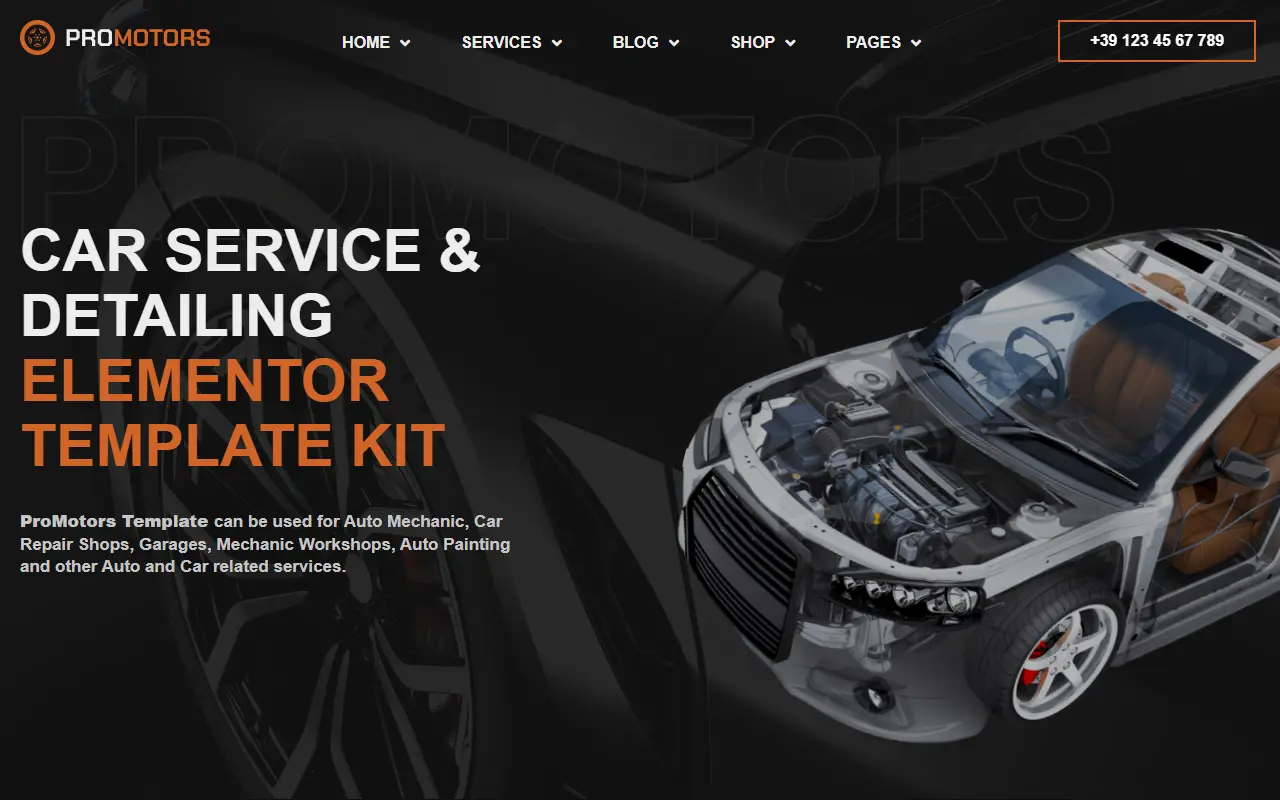 หน้าแรกของธีม ProMotors – Car Service and Detailing บนคอมพิวเตอร์