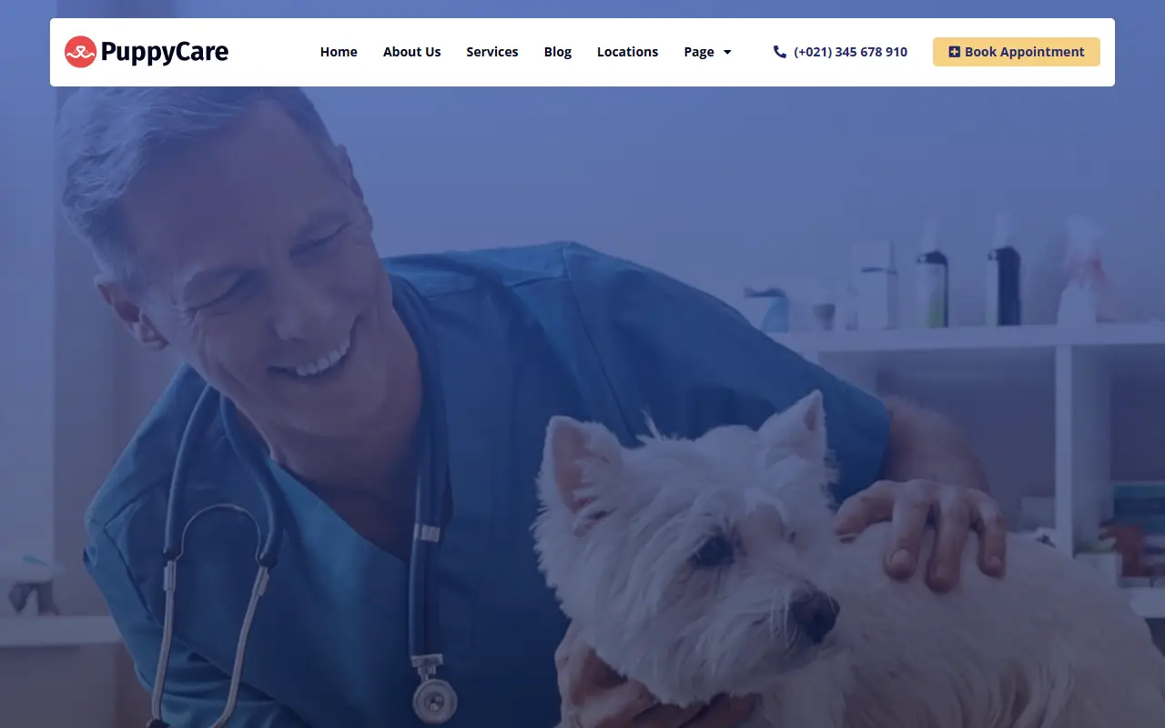 หน้าแรกของธีม PuppyCare บนคอมพิวเตอร์