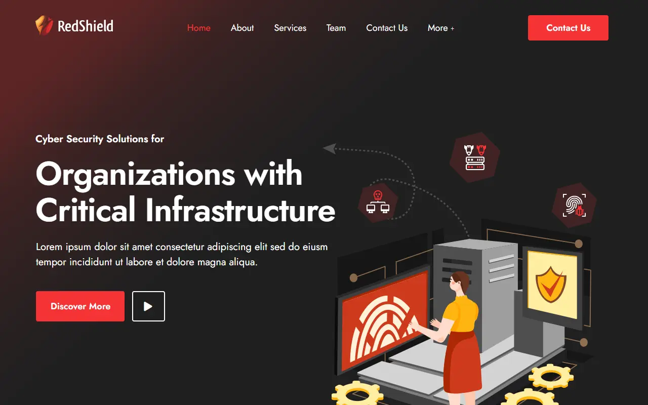 หน้าแรกของธีม RedShield Cyber Security บนคอมพิวเตอร์