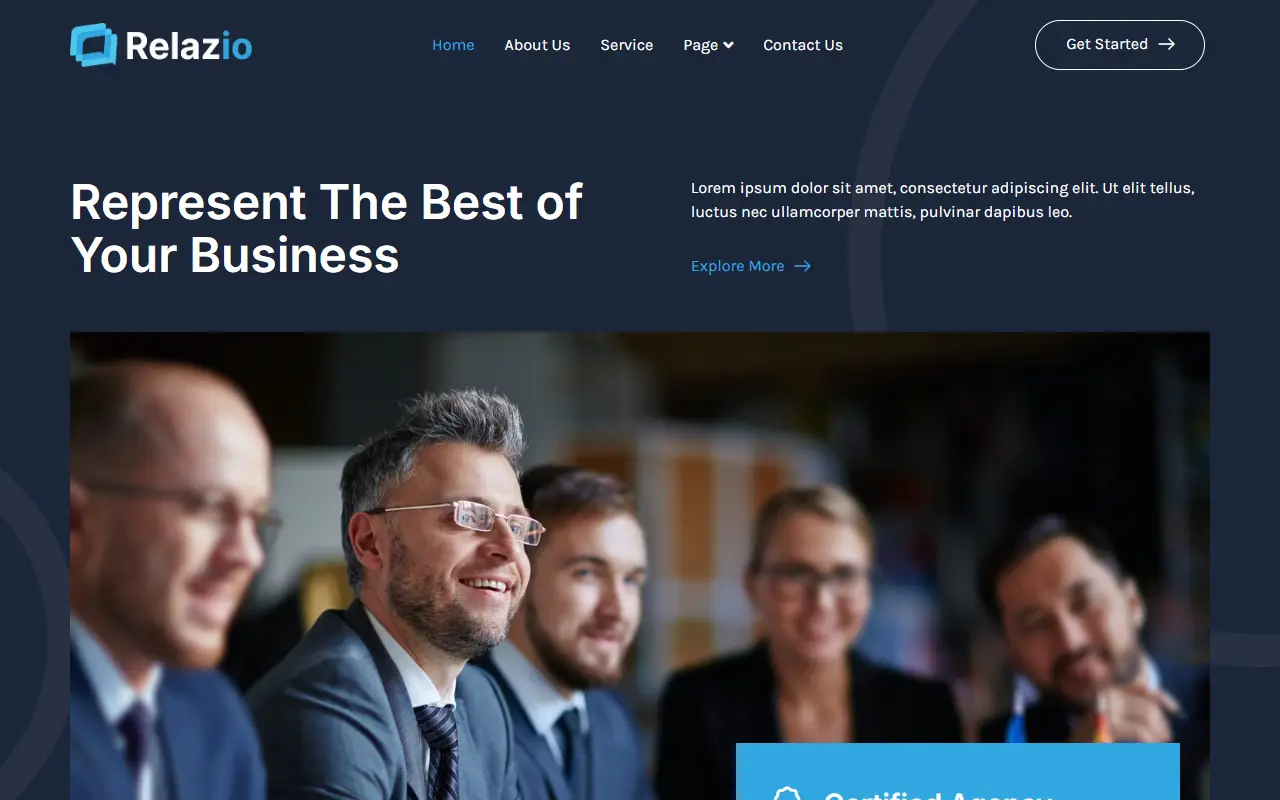 หน้าแรกของธีม Relazio Public Relation Agency บนคอมพิวเตอร์