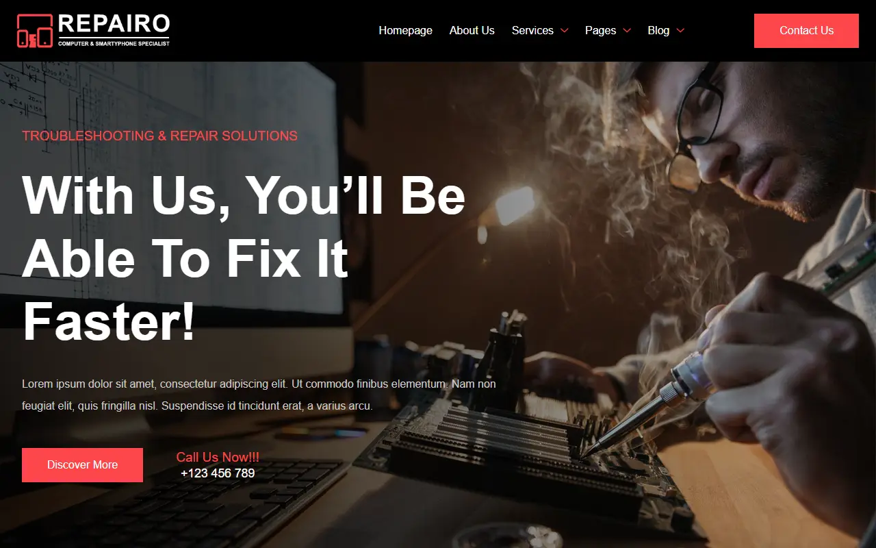 หน้าแรกของธีม Repairo บนคอมพิวเตอร์