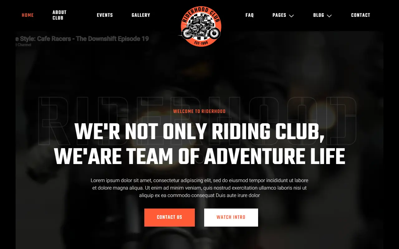 หน้าแรกของธีม Riderhood – Motorcycle Club บนคอมพิวเตอร์