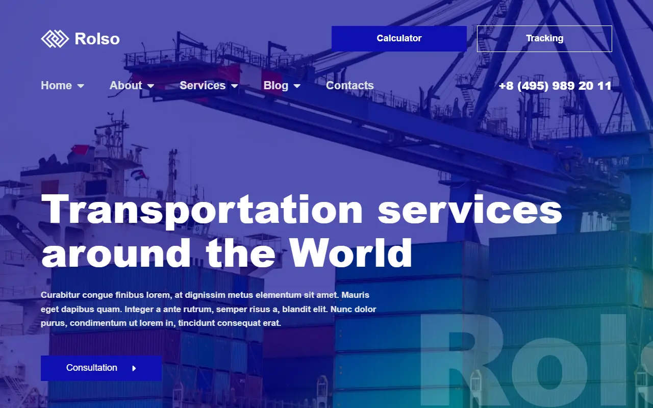 หน้าแรกของธีม Rolso – Logistic Company บนคอมพิวเตอร์
