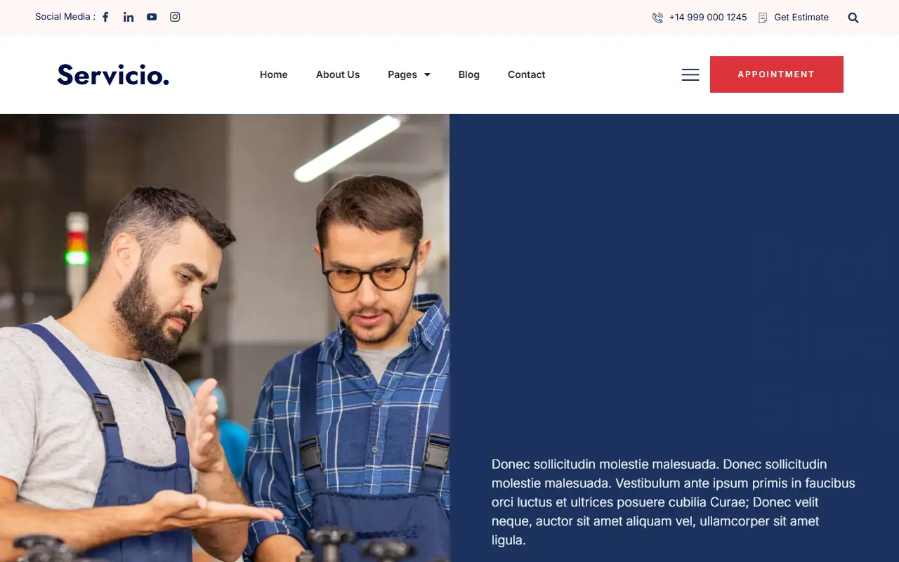 หน้าแรกของธีม Servicio บนคอมพิวเตอร์
