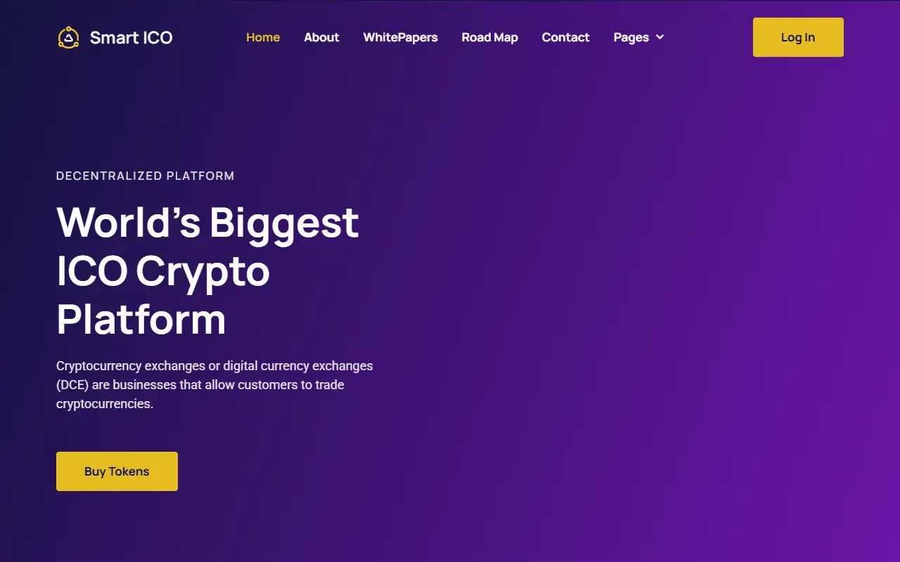 หน้าแรกของธีม Smart ICO บนคอมพิวเตอร์