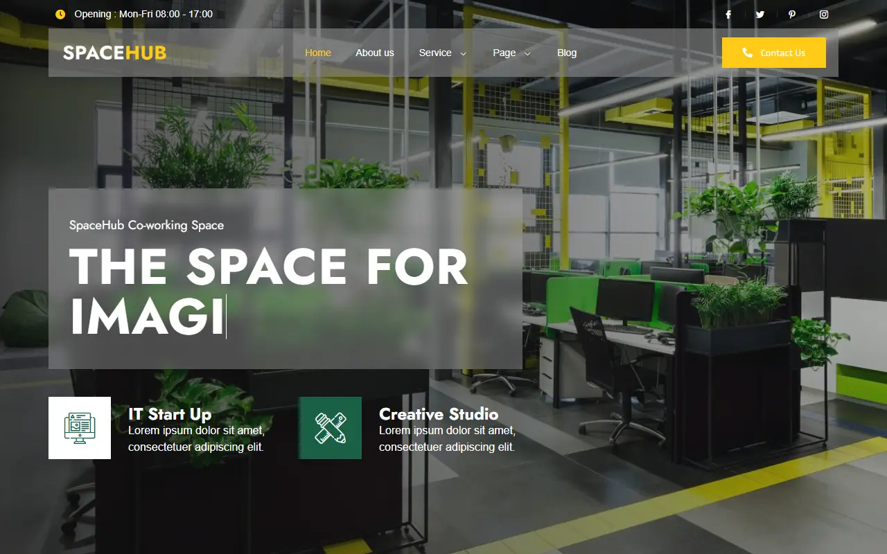 หน้าแรกของธีม Spacehub Coworking บนคอมพิวเตอร์