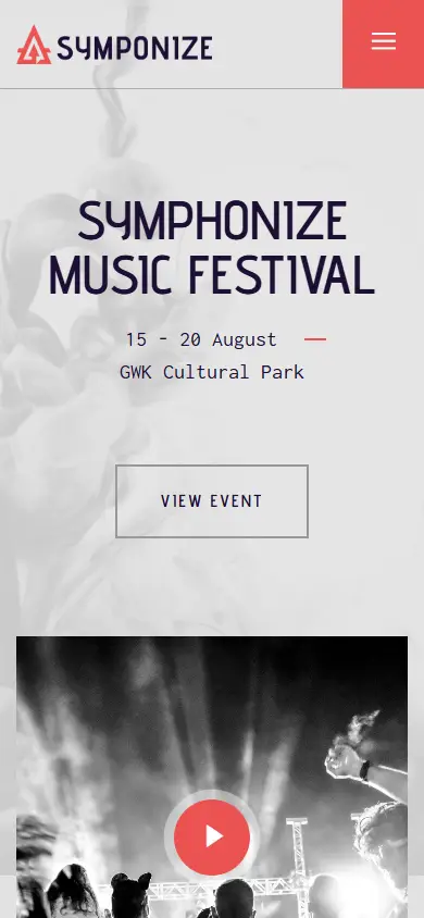 หน้าแรกของธีม Symphonize Music Festival Event บนมือถือ
