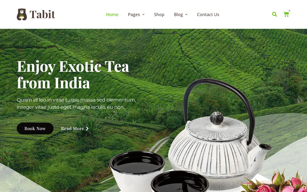 หน้าแรกของธีม Tabit Teahouse บนคอมพิวเตอร์