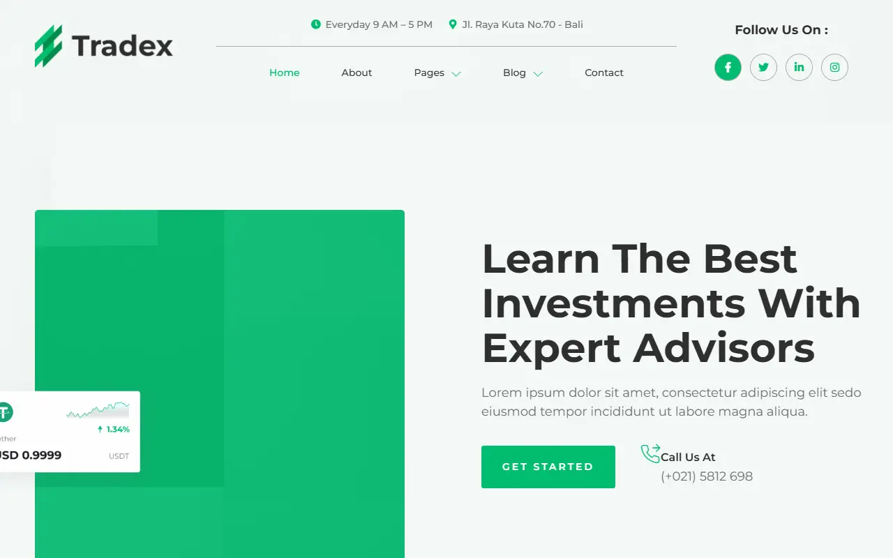หน้าแรกของธีม Tradex Stock Advisor บนคอมพิวเตอร์