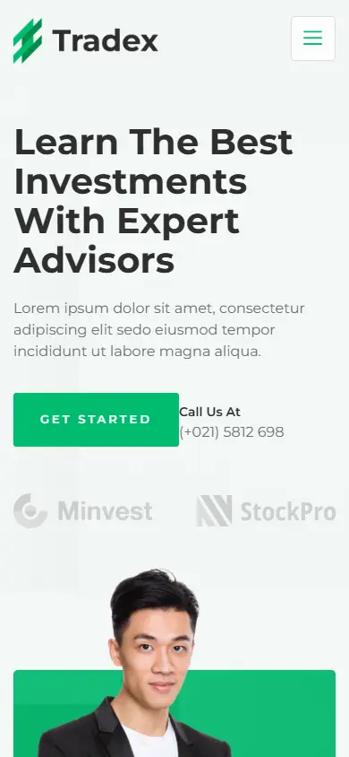 หน้าแรกของธีม Tradex Stock Advisor บนมือถือ