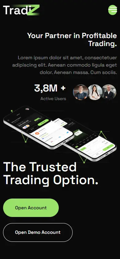 หน้าแรกของธีม Tradiz Trading Broker บนมือถือ