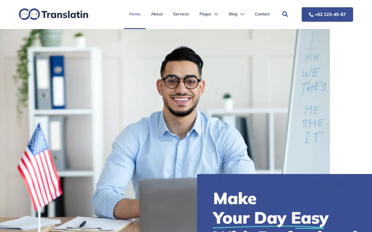 หน้าแรกของธีม Translatin Translation Services บนคอมพิวเตอร์