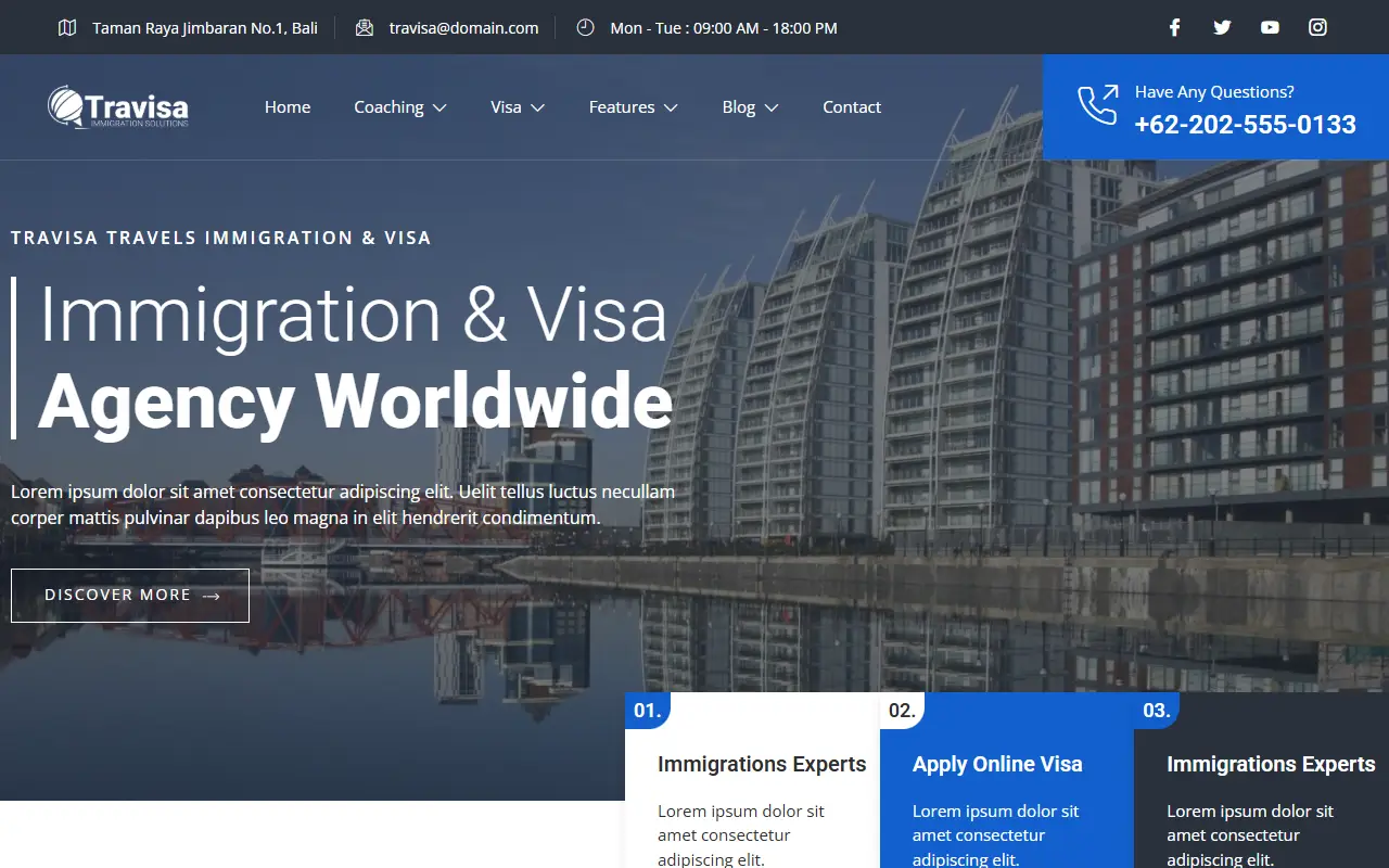 หน้าแรกของธีม Travisa Immigration บนคอมพิวเตอร์