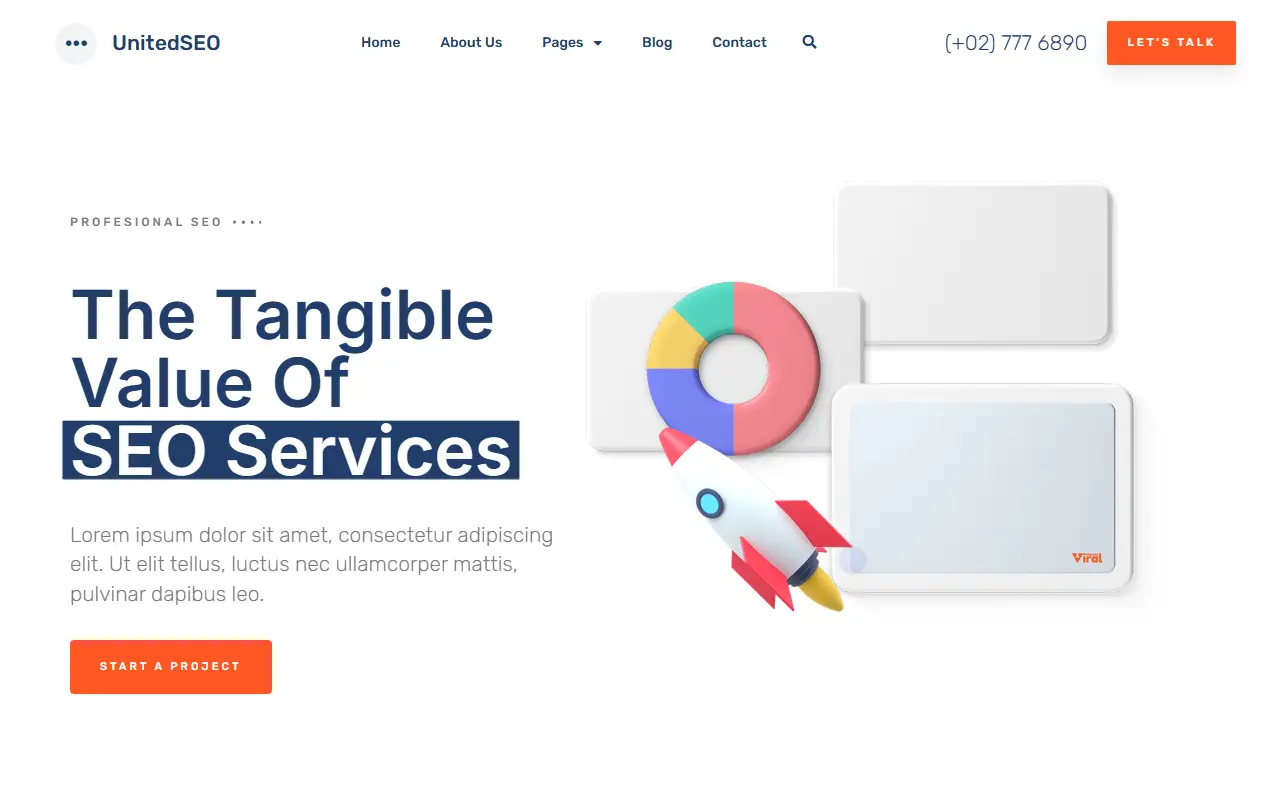 หน้าแรกของธีม UnitedSEO บนคอมพิวเตอร์