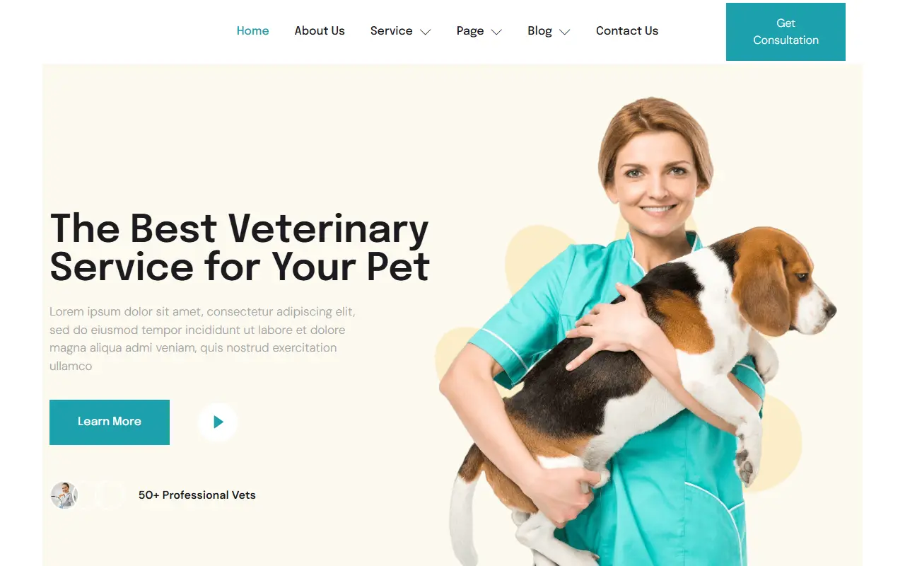 หน้าแรกของธีม Vetrio Veterinary Clinic บนคอมพิวเตอร์