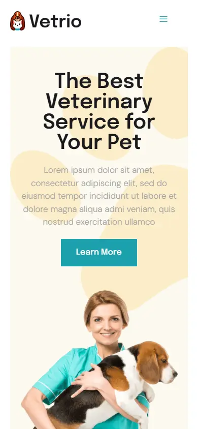 หน้าแรกของธีม Vetrio Veterinary Clinic บนมือถือ