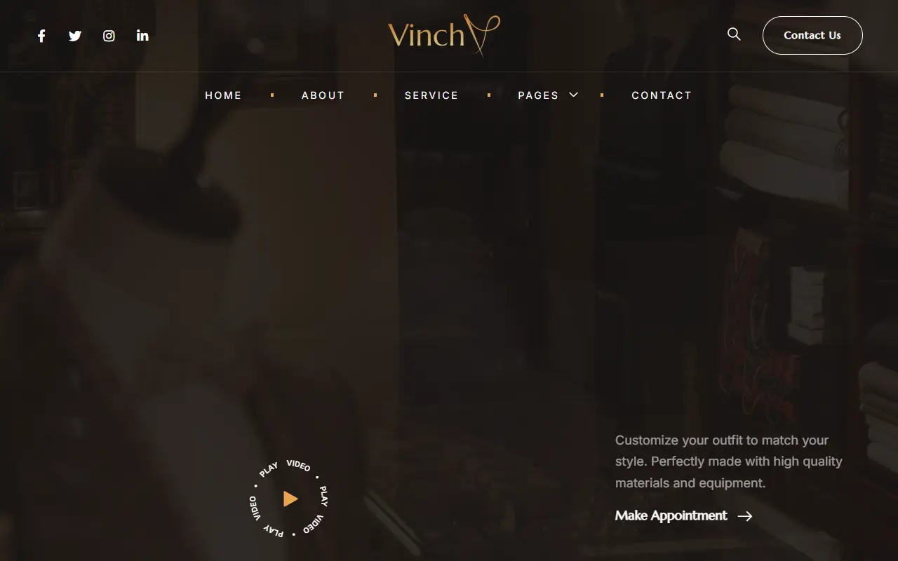 หน้าแรกของธีม Vinch Professional Tailoring บนคอมพิวเตอร์