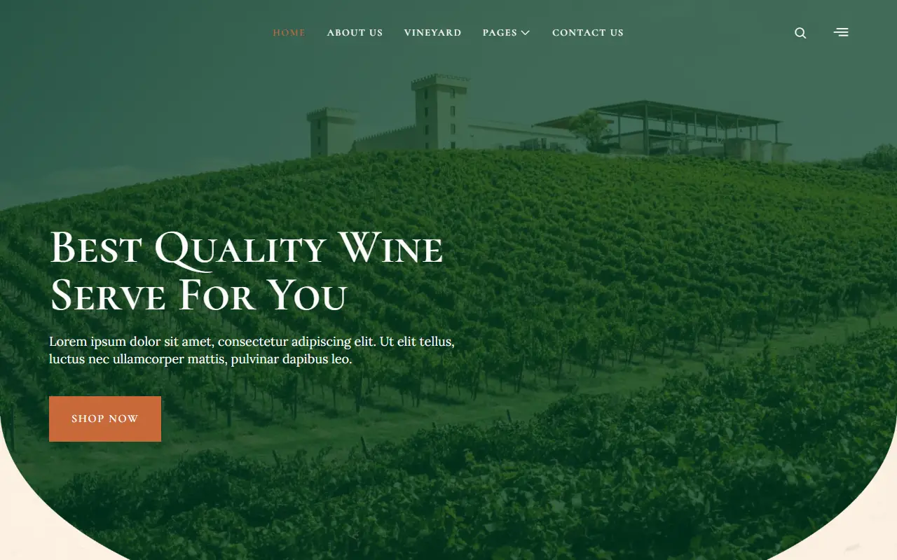 หน้าแรกของธีม Vinera Wine บนคอมพิวเตอร์