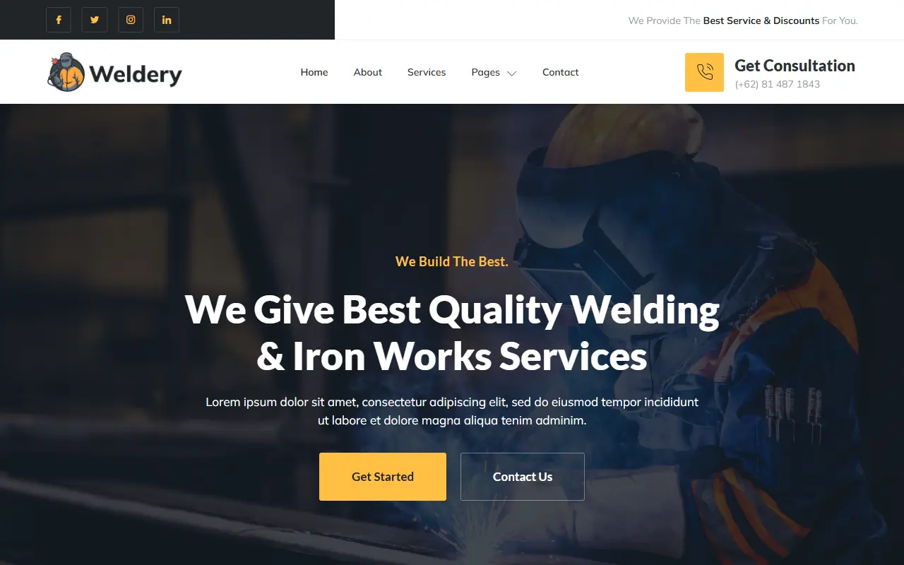 หน้าแรกของธีม Weldery Welding บนคอมพิวเตอร์