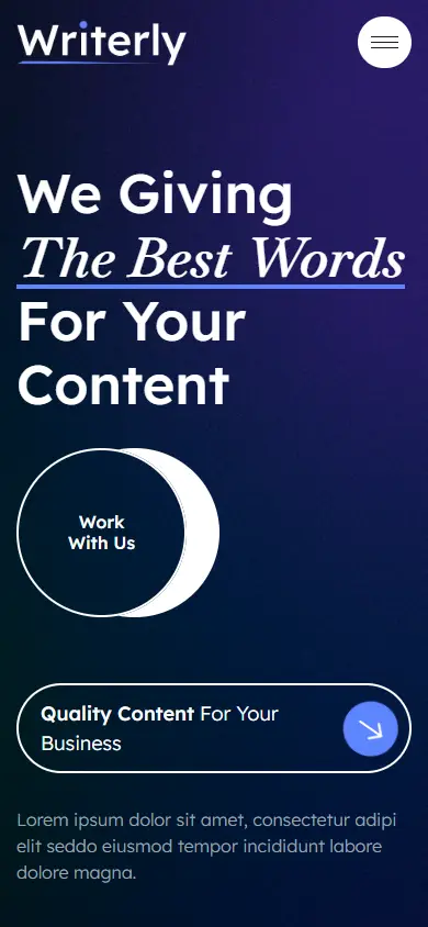 หน้าแรกของธีม Writerly Content Writing บนมือถือ