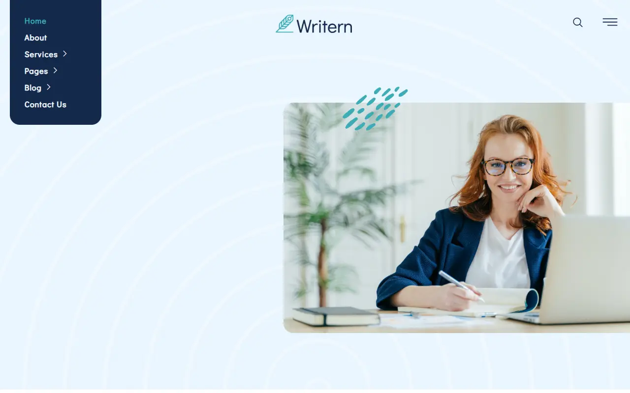 หน้าแรกของธีม Writern Content Writing Services บนคอมพิวเตอร์
