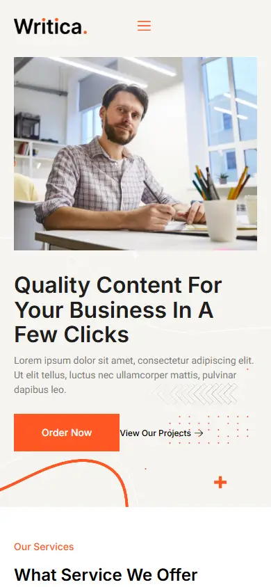 หน้าแรกของธีม Writica Content Writing Services บนมือถือ