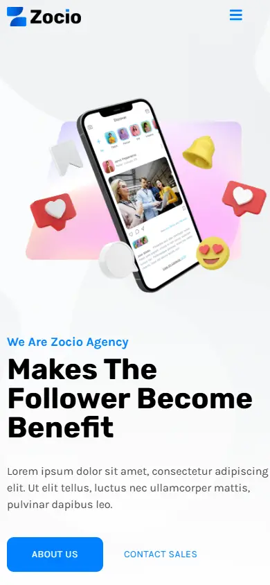 หน้าแรกของธีม Zocio Social Media Marketing Agency บนมือถือ