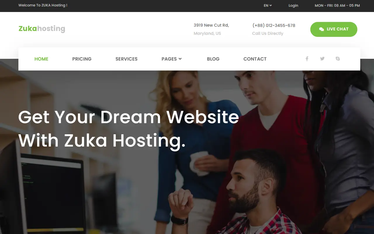 หน้าแรกของธีม Zukahost Domain บนคอมพิวเตอร์