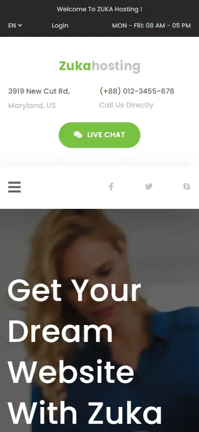 หน้าแรกของธีม Zukahost Domain บนมือถือ