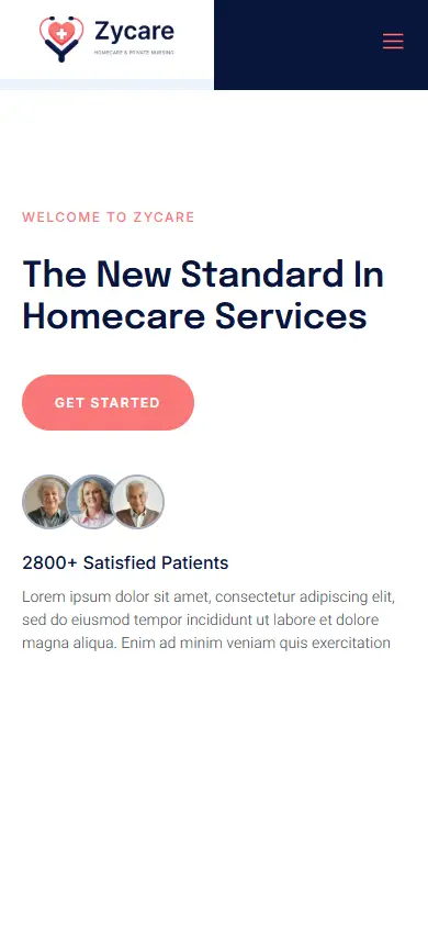 หน้าแรกของธีม Zycare In-home Care บนมือถือ